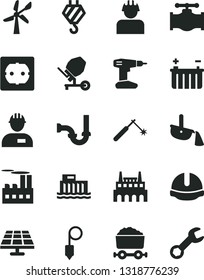 Solid Black Vector Icon Set - workman vector, hook, concrete mixer, drill, sewerage, power socket type f, construction helmet, plummet, solar panel, wind energy, valve, battery, industrial building