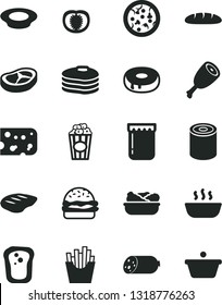 Solid Black Vector Icon Set - sausage vector, piece of cheese, loaf, tin, pizza, burger, cake with a hole, hot porridge, lettuce in plate, milk, chicken thigh, bacon, chop, French fries, cup popcorn