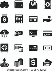 Solid Black Vector Icon Set - bank card vector, purse, calculation, strongbox, coins, oil, reverse side of a, front the, financial item, catch coin, money, dollar, engineer calculator, report, rain