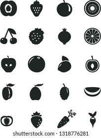 Solid Black Vector Icon Set - strawberry vector, strawberries, cherry, half apricot, tasty apple, raspberry, medlar, mulberry, loquat, tangerine, ripe plum, yellow lemon, of kiwi, orange, grapefruit