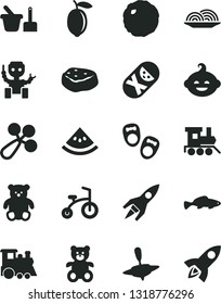 Solid Black Vector Icon Set - baby rattle vector, tumbler, toy sand set, teddy bear, small, funny hairdo, train, children's, yule, child bicycle, shoes for little children, onion, cabbage, fish
