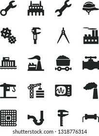 Solid Black Vector Icon Set - crane vector, tower, sewerage, helmet, valve, manufacture, factory, hydroelectric station, industrial building, gears, processor, calipers, caliper, trolley with coal