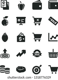 Solid Black Vector Icon Set - grocery basket vector, purse, growth up, graph, cart, crossed, piece of meat, blueberry, tamarillo, ripe pepper, coins, wallet, statistical research, season sale