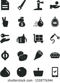 Solid Black Vector Icon Set - cargo trolley vector, scribbled paper, measuring cup for feeding, big core, arm saw, apple pie, grill chicken leg, cabbage, fig, half of medlar, loquat, potato, victory