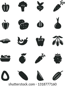 Solid Black Vector Icon Set - stick of sausage vector, slices onion, lettuce in a plate, cucumber, chili, peper, garlic, carrot, quince, blackberry, goji berry, Bell pepper, ripe, potato, beet