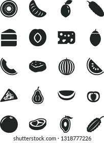 Solid Black Vector Icon Set - piece of cheese vector, pizza, cake, bacon, meat, cucumber, plum, water melon, slice, half mango, tangerine, kiwi, tamarillo, sour lime, coconut, grapefruit, part guava