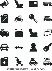 Solid Black Vector Icon Set - toys over the cot vector, Baby chair, car child seat, summer stroller, motor vehicle present, key, pass card, delivery, accumulator, racer, canister, of oil, autopilot