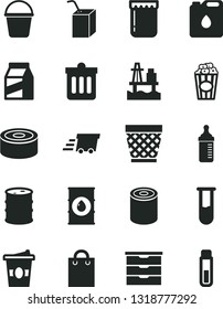 Solid Black Vector Icon Set - wicker pot vector, storage unit, measuring bottle for feeding, packing of juice with a straw, bucket, dust bin, package, canned goods, tin, cup popcorn, coffe to go