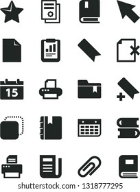 Solid Black Vector Icon Set - clip vector, add bookmark, clean sheet of paper, folder, e, books, calendar, star, notebook, delete page, copy, statistical report, scientific publication, wall, cursor