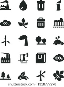 Solid Black Vector Icon Set - drop vector, bag with handles, apple stub, working oil derrick, leaves, windmill, wind energy, manufacture, factory, hydroelectricity, trees, forest, eco car, CO2