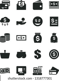 Solid Black Vector Icon Set - dollar vector, cards, coins, shopping basket, article on the, catch a coin, wallet, purse, money, dollars, cash, machine, rain, eyes, mail, atm, credit card