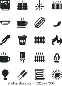 Solid Black Vector Icon Set - mercury thermometer vector, heating coil, radiator, new, electronic boiler, coffee, Hot Dog, mini, barbecue, cup of tea, coffe to go, a glass, red pepper, outdoor, sun
