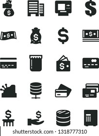 Solid Black Vector Icon Set - bank card vector, dollar, buildings, big data server, cards, jam, front of the, column coins, denomination, get a wage, cash, cashbox, money bag hand, wallet, atm, safe