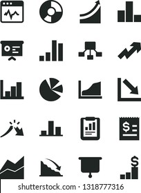 Solid Black Vector Icon Set - growth up vector, bar chart, line, negative, histogram, cardiogram, recession, a crisis, statistical report, hierarchical scheme, article on the dollar, ring diagram