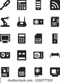 Solid Black Vector Icon Set - monitor window vector, rss feed, electronic thermometer e, assembly robot, SIM card, calculator, engineer, pc power supply, tower, motherboard, usb, router, resistor