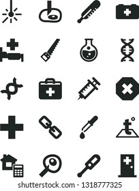 Solid Black Vector Icon Set - mark of injury vector, spectacles, first aid kit, plus, electronic thermometer e, mercury, bag a paramedic, arm saw, estimate, temperature, round flask, outdoor, dna