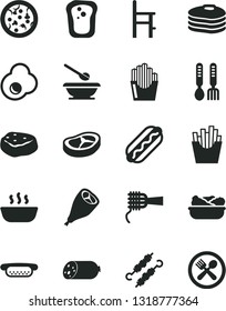 Solid Black Vector Icon Set - plates and spoons vector, a chair for feeding, iron fork, sausage, pizza, Hot Dog, mini, noodles, porridge, lettuce in plate, grill chicken leg, bacon, meat on skewers