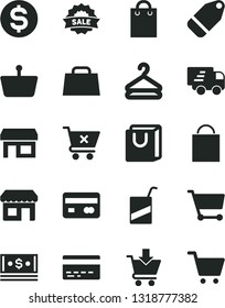 Solid Black Vector Icon Set - paper bag vector, bank card, e, put in cart, crossed, with handles, hanger, label, kiosk, stall, shopping basket, reverse side of a, dollar, cash, hand, sale