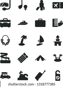 Solid Black Vector Icon Set - suitcase vector, sand castle, car baggage, passenger, plane ticket, rolling case, hotel, tent, palm tree, hawaii wreath, aquapark, diving mask, surfing, golf, hammok
