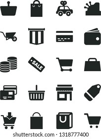 Solid Black Vector Icon Set - paper bag vector, grocery basket, bank card, motor vehicle present, building trolley, put in cart, with handles, cards, coins, label, shopping, wallet, hand, cashbox