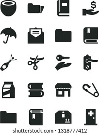 Solid Black Vector Icon Set - folder vector, book, open pin, e, books, door knob, received letter, umbrella, cardboard box, package, half of coconut, kiosk, get a wage, arm with key, grand opening