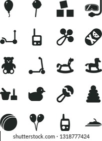 Solid Black Vector Icon Set - beanbag vector, baby rattle, duckling, bath ball, stacking rings, tumbler, toy phone, mobile, sand set, small teddy bear, rocking horse, cubes for children, balloon