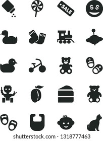 Solid Black Vector Icon Set - baby powder vector, bib, rubber duck, duckling, warm socks, teddy bear, small, children's hairdo, toy train, yule, tricycle, shoes for little children, child, lollipop