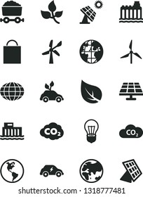 Solid Black Vector Icon Set - paper bag vector, solar panel, big, leaves, leaf, windmill, wind energy, planet, Earth, bulb, hydroelectric station, hydroelectricity, electric, CO2, carbon dyoxide
