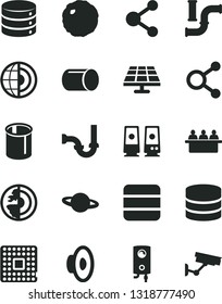 Solid Black Vector Icon Set - loudspeaker vector, sewerage, boiler, big data, planet, cabbage, solar panel, water pipes, processor, pipe, court hearing, connection, connections, pc speaker