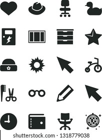 Solid Black Vector Icon Set - heart symbol vector, purse, hat, storage unit, rubber duck, accessories for a hairstyle, child bicycle, warm, window frame, dangers, wall clock, star, pencil, chair