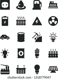 Solid Black Vector Icon Set - danger of electricity vector, bulb, power socket type f, radiator, charging battery, coal mining, gas station, oil, barrel, hydroelectric, industrial building, drop