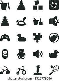 Solid Black Vector Icon Set - rubber duck vector, baby duckling, bath ball, stacking rings, toy, roly poly doll, sand set, children's, small teddy bear, rocking horse, cubes for children, tricycle