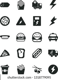 Solid Black Vector Icon Set - lightning vector, dangers, car, delivery, sausage, pizza, piece of, Hot Dog, mini, big burger, French fries, fried potato slices, Chinese chopsticks, coffe to go