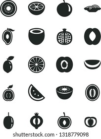 Solid Black Vector Icon Set - slices of onion vector, orange slice, half apricot, pomegranate, medlar, mango, peach, melon, tangerine, cherry, passion fruit, kiwi, sour lime, guawa, piece coconut