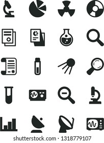 Solid Black Vector Icon Set - magnifier vector, zoom out, negative histogram, artificial satellite, round flask, radiation, dish, antenna, ring diagram, pie charts, statistical research, article
