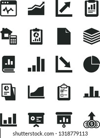 Solid Black Vector Icon Set - clean sheet of paper vector, pie chart, growth, negative, estimate, cardiogram, pile, survey, bar, statistical report, overview, book on statistics, research, financial