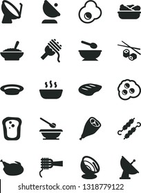 Solid Black Vector Icon Set - deep plate with a spoon vector, plates and spoons, spaghetti, noodles, bowl of buckwheat porridge, hot, lettuce in, chicken, grill leg, chop, meat on skewers, fried egg