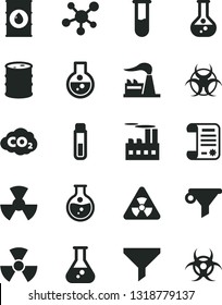 Solid Black Vector Icon Set - round flask vector, factory, oil, barrel, industrial building, radiation, carbon dyoxide, filter, water, research article, test tube, molecule, nuclear, biohazard