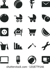 Solid Black Vector Icon Set - positive histogram vector, baby stroller, carriage, bath ball, children's sand set, concrete mixer, power socket type b, envelope, cart, blueberries, orange slice, atm