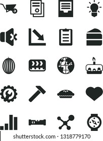 Solid Black Vector Icon Set - heart symbol vector, negative chart, archive, building trolley, construction level, gear, hammer, no sound, piece of cake, torte, pie, melon, conveyor, planet, bar
