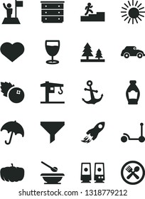 Solid Black Vector Icon Set - heart symbol vector, chest of drawers, plates and spoons, Kick scooter, crane, anchor, umbrella, glass, blueberries, bottle, pumpkin, forest, retro car, filter, sun