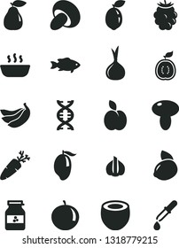 Solid Black Vector Icon Set - mushroom vector, porcini, hot porridge, carrot, fish, jar of jam, apple, pear, blackberry, mango, tangerine, yellow lemon, bananas, sour lime, half guawa, coconut, dna