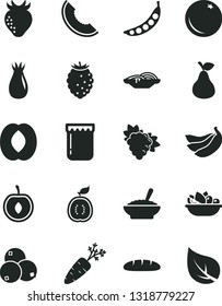 Solid Black Vector Icon Set - loaf vector, slices of onion, a bowl buckwheat porridge, plate fruit, jam, pear, orange, branch grape, strawberry, rose hip, tasty raspberry, blueberries, slice melon