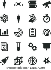 Solid Black Vector Icon Set - books vector, scientific publication, test tube, telescope, atom, gears, bactery, clipboard, growth graph, radar, earth core, sun panel, rocket, presentation board