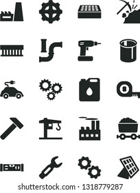 Solid Black Vector Icon Set - crane vector, cordless drill, measuring tape, building level, brick, hammer, coal mining, water pipes, industrial, thermal power plant, gear, canister of oil, sun panel