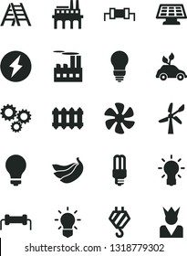 Solid Black Vector Icon Set - matte light bulb vector, hook, ladder, new radiator, bananas, marine propeller, wind energy, industrial building, enterprise, mercury, three gears, sun panel, resistor