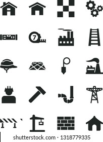 Solid Black Vector Icon Set - house vector, brickwork, long meashuring tape, stepladder, siphon, building level, tile, helmet, plummet, pavement, road fence, hammer, home, factory, power pole, gears