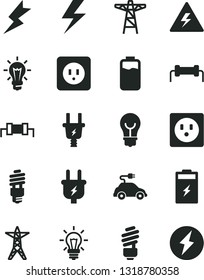 Solid Black Vector Icon Set - lightning vector, danger of electricity, saving light bulb, power socket type b, charge level, charging battery, line, pole, plug, electric, energy, car, resistor