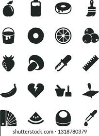 Solid Black Vector Icon Set - yardstick vector, baby bib, toy sand set, small yule, paint bucket, color samples, wooden brush, broken heart, porcini, cake with a hole, strawberry, blueberries, guava