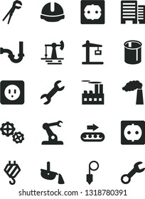 Solid Black Vector Icon Set - hook vector, gears, adjustable wrench, sewerage, power socket type b, f, buildings, construction helmet, plummet, working oil derrick, manufacture, industrial building